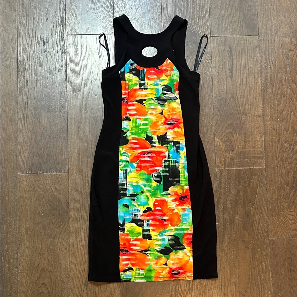Joseph Ribkoff Vibrant Black Dress with Colorful Front Panel Size 8